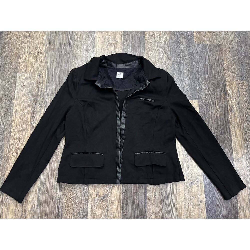 Cabi Black Knit Blazer Faux Leather Trim Lace Lining Jacket 3376 Womens Large